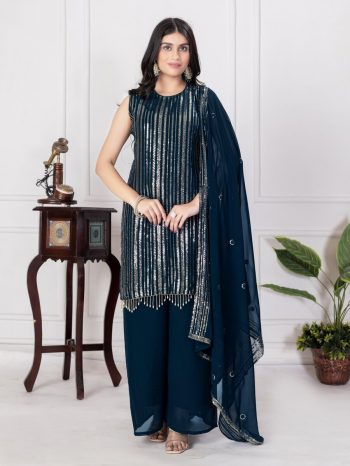 RICH LOOK FAUX GEORGETTE SEQUENCE EMBROIDERY WORK TOP PALAZZO WITH DUPATTA  NAVY BLUE