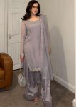 RICH LOOK GEORGETTE EMBROIDERY AND BEADS WORK TOP PATIYALA WITH DUPATTA  GREY