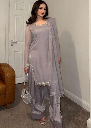 RICH LOOK GEORGETTE EMBROIDERY AND BEADS WORK TOP PATIYALA WITH DUPATTA  GREY