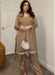 RICH LOOK GEORGETTE EMBROIDERY AND BEADS WORK TOP PATIYALA WITH DUPATTA  CHIKU