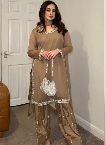 RICH LOOK GEORGETTE EMBROIDERY AND BEADS WORK TOP PATIYALA WITH DUPATTA  CHIKU