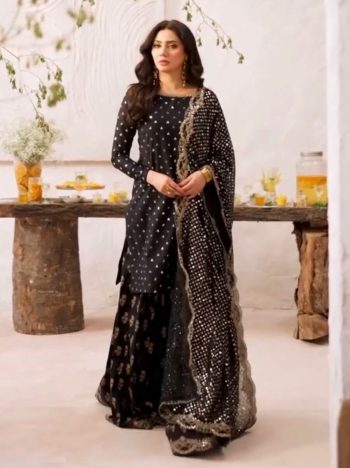 RICH LOOK GEORGETTE EMBROIDERY SEQUENCE WORK TOP SHARARA WITH DUPATTA BLACK