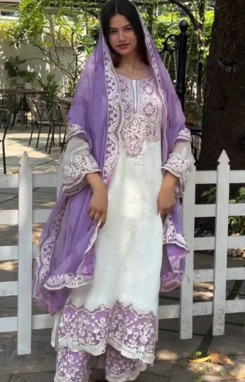 RICH LOOK GEORGETTE EMBROIDERY WITH THREAD AND SEQUENCE WORK WITH GPO LACE WORK TOP BOTTOM WITH DUPATTA LAVENDER