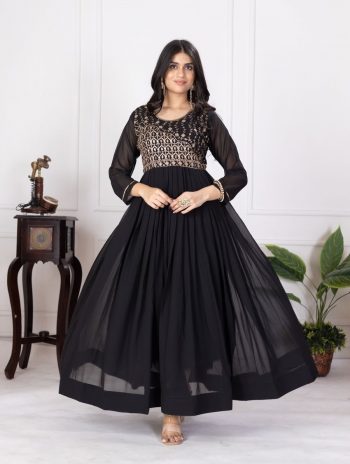 RICH LOOK GEORGETTE EMBROIDERY ZARI SEQUENCE WORK GOWN  BLACK