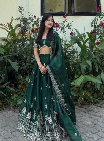 RICH LOOK JIMMY CHOO EMBROIDERY SEQUENCE WORK LEHENGA CHOLI WITH DUPATTA  GREEN