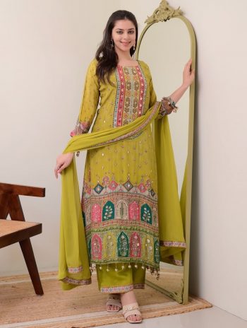 RICH LOOK MUSLIN COTTON DIGITAL PRINT WITH REAL MIRROR HANDWORK  TOP BOTTOM WITH DUPATTA YELLOW