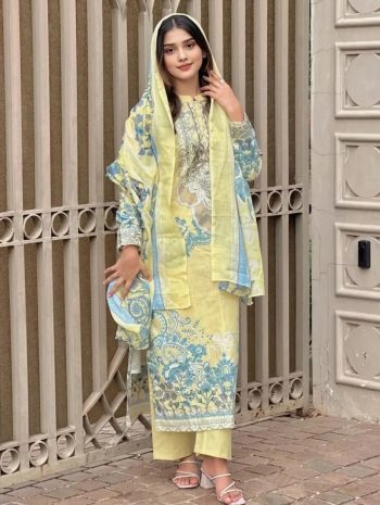 RICH LOOK MUSLIN COTTON DIGITAL PRINTED TOP BOTTOM WITH DUPATTA  YELLOW
