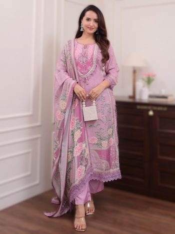 RICH LOOK MUSLIN DIGITAL PRINTS AND HAND EMBROIDERY WORK TOP BOTTOM WITH DUPATTA BABY PINK