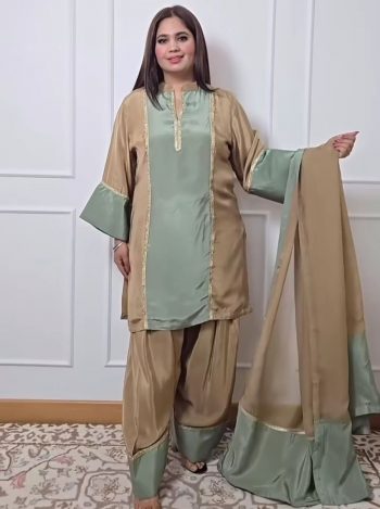 RICH LOOK NATURAL SATIN READYMADE LACE BORDER WORK TOP PATIYALA WITH DUPATTA KHAKI