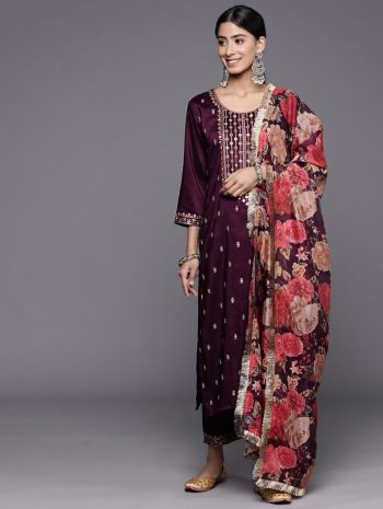 RICH LOOK RAYON EMBROIDERY WORK TOP BOTTOM WITH DUPATTA WINE