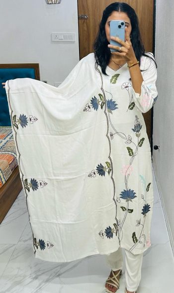 RICH LOOK RAYON EMBROIDERY WORK TOP BOTTOM WITH DUPATTA WHITE
