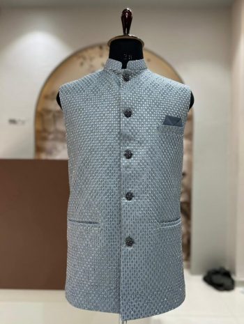 RICH LOOK SILK VAL AND SEQUENCE WORK MEN'S KOTI  GREY