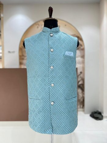 RICH LOOK SILK VAL AND SEQUENCE WORK MEN'S KOTI  SKY