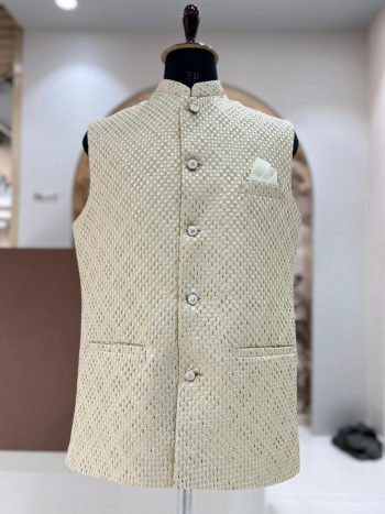 RICH LOOK SILK VAL AND SEQUENCE WORK MEN'S KOTI  OFF WHITE