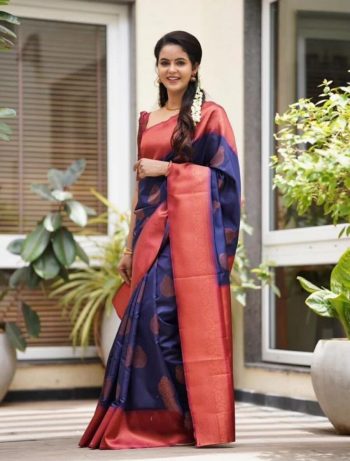 RICH LOOK SOFT LICHI SILK JACQUARD WORK SAREE WITH UNSTITCHED BLOUSE BLUE
