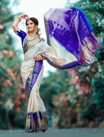 RICH LOOK SOFT LICHI SILK JACQUARD WORK SAREE WITH UNSTITCHED BLOUSE OFF WHITE