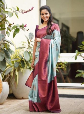 RICH LOOK SOFT LICHI SILK JACQUARD WORK SAREE WITH UNSTITCHED BLOUSE SKY