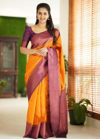 RICH LOOK SOFT LICHI SILK JACQUARD WORK SAREE WITH UNSTITCHED BLOUSE YELLOW