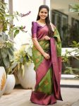 RICH LOOK SOFT LICHI SILK JACQUARD WORK SAREE WITH UNSTITCHED BLOUSE PARROT GREEN
