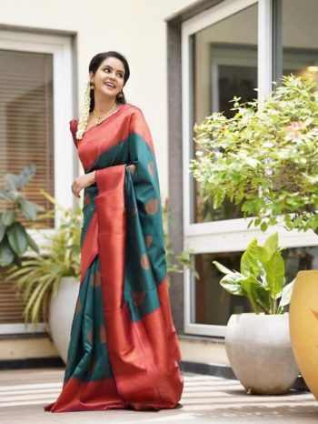 RICH LOOK SOFT LICHI SILK JACQUARD WORK SAREE WITH UNSTITCHED BLOUSE RAMA
