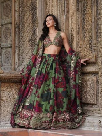 RICH LOOK TABBY ORGANZA DIGITAL PRINTED THREAD SEQUENCE WORK LEHENGA CHOLI WITH DUPATTA GREEN