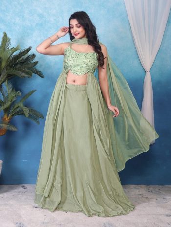 RICH LOOK TABBY SILK PLAIN LEHENGA WITH EMBROIDERY SEQUENCE WORK BLOUSE AND DUPATTA MINT