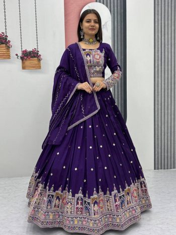 RICH LOOK VICHITRA EMBROIDERY CODING SEQUENCE AND THREAD WORK LEHENGA CHOLI WITH DUPATTA  PURPLE