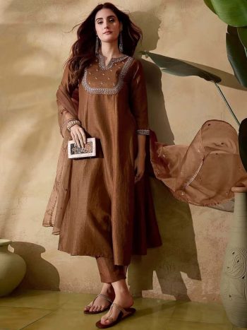 RICH LOOK VICHITRA SILK SEQUENCE CODING EMBROIDERY WORK TOP BOTTOM WITH DUPATTA CHIKU