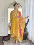 RICH LOOK VISCOSE CHANDERI SEQUENCE EMBROIDERY WORK TOP BOTTOM WITH DUPATTA MUSTARD