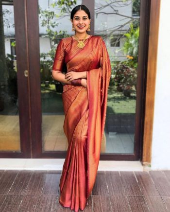 TRADITIONAL BANARASI SOFT SILK WEAVING WORK SAREE WITH UNSTITCHED BLOUSE ORANGE