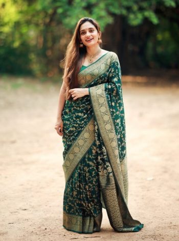 TRADITIONAL BANARASI SOFT SILK ZARI WEAVING WORK SAREE WITH UNSTITCHED BLOUSE GREEN
