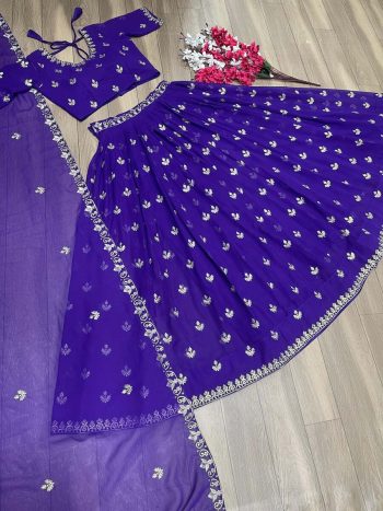 TRADITIONAL CHINON THREAD SEQUENCE EMBROIDERY WORK LEHENGA CHOLI WITH DUPATTA PURPLE