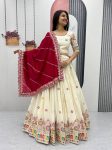 TRADITIONAL COTTON EMBROIDERY CHAIN WORK STITCHED LEHENGA CHOLI WITH DUPATTA CREAM