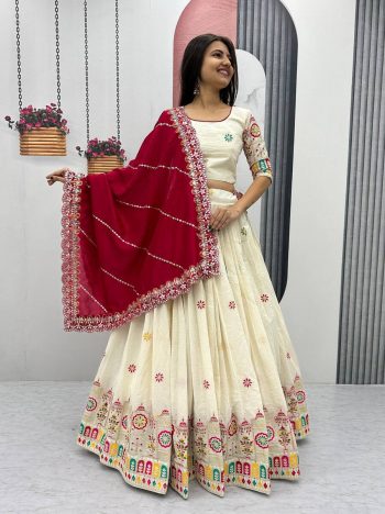 TRADITIONAL COTTON EMBROIDERY CHAIN WORK STITCHED LEHENGA CHOLI WITH DUPATTA CREAM