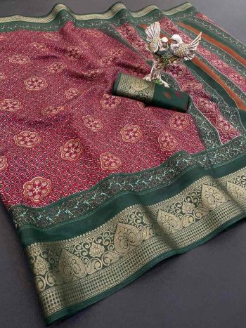 TRADITIONAL DOLA SILK BANDHANI PRINTED JACQUARD WORK SAREE WITH UNSTITCHED BLOUSE MAROON