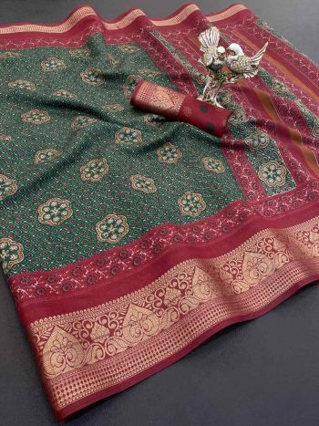 TRADITIONAL DOLA SILK BANDHANI PRINTED JACQUARD WORK SAREE WITH UNSTITCHED BLOUSE GREEN