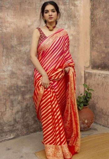 TRADITIONAL LICHI SILK JACQUARD WEAVING WORK SAREE WITH UNSTITCHED BLOUSE  RED
