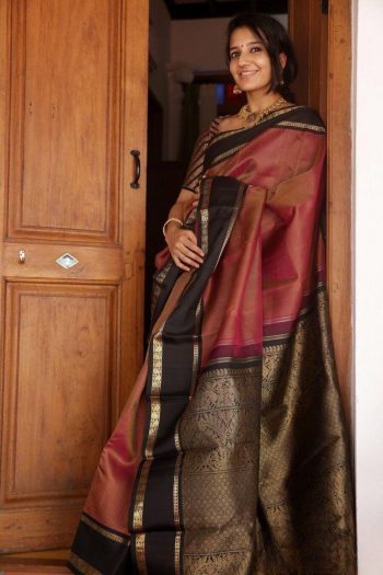 TRADITIONAL LICHI SILK JACQUARD ZARI BORDER WORK SAREE WITH UNSTITCHED BLOUSE  PEACH