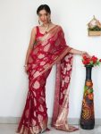 TRADITIONAL LINEN COTTON ZARI WEAVING WORK SAREE WITH UNSTITCHED BLOUSE RED