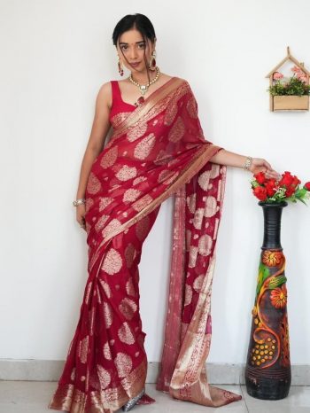 TRADITIONAL LINEN COTTON ZARI WEAVING WORK SAREE WITH UNSTITCHED BLOUSE RED