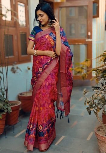 TRADITIONAL MYSORE SILK DIGITAL PRINT WITH JHALAR WORK SAREE WITH UNSTITCHED BLOUSE PEACH