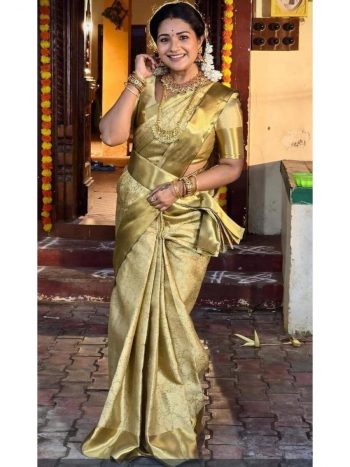TRADITIONAL SOFT DOLA SILK JACQUARD WEAVING WORK SAREE WITH UNSTITCHED BLOUSE GOLD