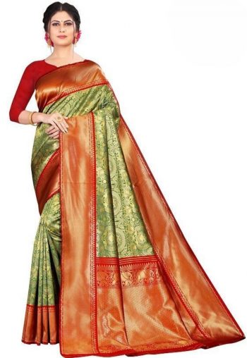 TRADITIONAL SOFT LICHI SILK JACQUARD WORK SAREE WITH UNSTITCHED BLOUSE PARROT GREEN