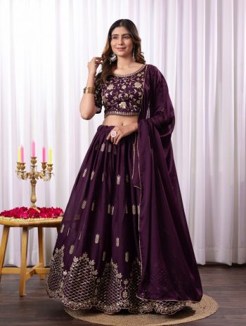 TRADITIONAL STAR GEORGETTE EMBROIDERY SEQUENCE WORK STITCHED LEHENGA CHOLI WITH DUPATTA WINE