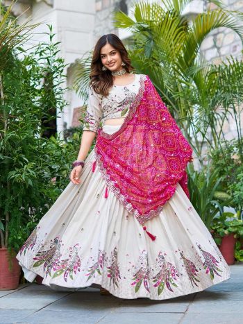 TRADITIONAL TISSUE SILK EMBROIDERY THREAD SEQUENCE WORK LEHENGA CHOLI WITH DUPATTA RANI