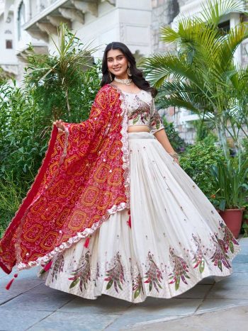 TRADITIONAL TISSUE SILK EMBROIDERY THREAD SEQUENCE WORK LEHENGA CHOLI WITH DUPATTA RED