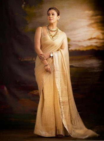 TRADITIONAL TISSUE SILK WEAVING ZARI WORK SAREE WITH UNSTITCHED BLOUSE GOLDEN