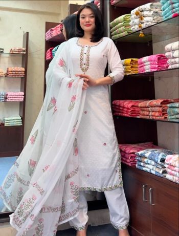 TRANDING VISCOSE CHANDERI EMBROIDERY WORK TOP BOTTOM WITH DUPATTA WHITE