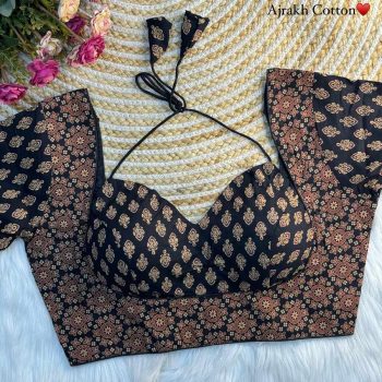 TRENDING AJRAKH COTTON HALTER NECK READY TO WEAR BLOUSE BLACK