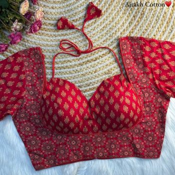 TRENDING AJRAKH COTTON HALTER NECK READY TO WEAR BLOUSE RED